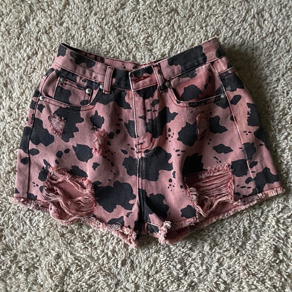 POL Pink and Black Distressed Jean Shorts